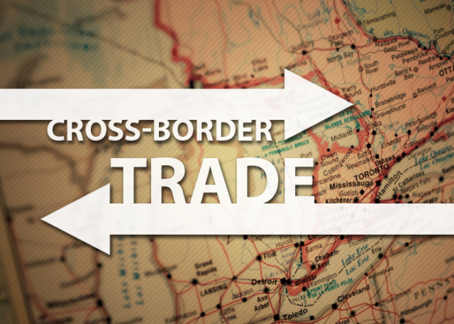 Map of the Canada-USA Border with the words cross-border trade on top, with two arrows