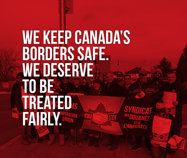 Picture of demo in Cornwall stating "We keep Canada's borders safe. We deserve to be treated fairly"