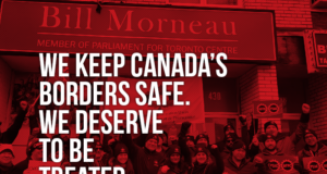 FB Members Rally in Front of Morneau’s Office Picture of demo in front of Morneau's office in Toronto stating "We keep Canada's borders safe. We deserve to be treated fairly"