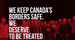 Eastern Townships Branch Members Support their Bargaining Team Picture of a membership meeting stating "We keep Canada's borders safe. We deserve to be treated fairly"