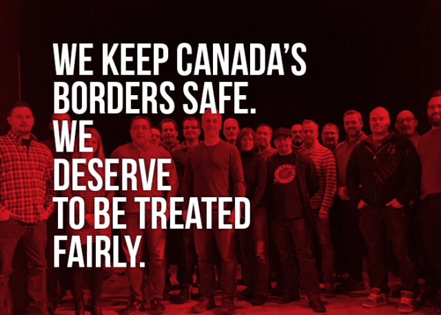 Picture of a membership meeting stating "We keep Canada's borders safe. We deserve to be treated fairly"
