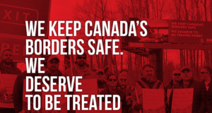 FB Members Rally at Peace Arch Border Crossing Picture of demo in BC stating "We keep Canada's borders safe. We deserve to be treated fairly"