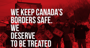 Members Rally in New Brunswick in Support of FB Bargaining Picture of demo in NB stating "We keep Canada's borders safe. We deserve to be treated fairly"