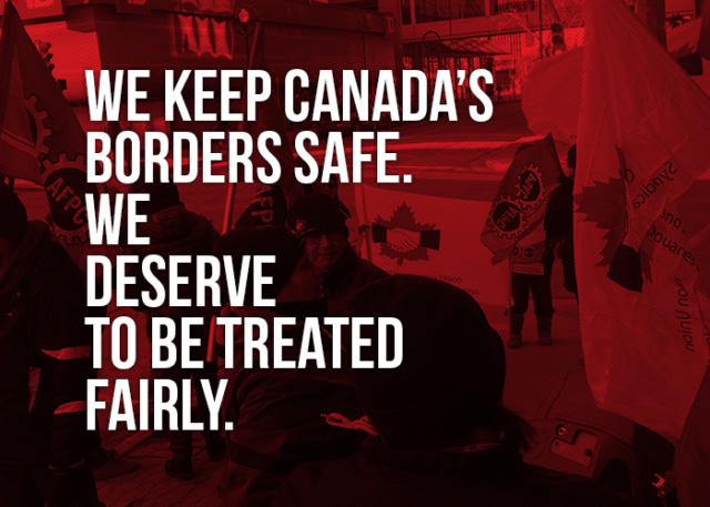Picture of demo in SK stating "We keep Canada's borders safe. We deserve to be treated fairly"