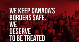 Windsor Members Support their Bargaining Team Picture of a membership meeting stating "We keep Canada's borders safe. We deserve to be treated fairly"