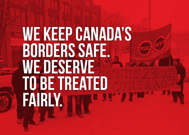 Picture of a demo in Sault Ste. Marie stating "We keep Canada's borders safe. We deserve to be treated fairly"
