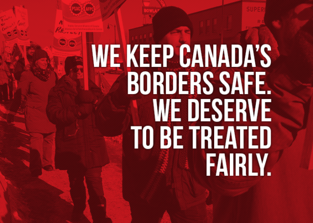 Picture of a demo in Thunder Bay stating "We keep Canada's borders safe. We deserve to be treated fairly"