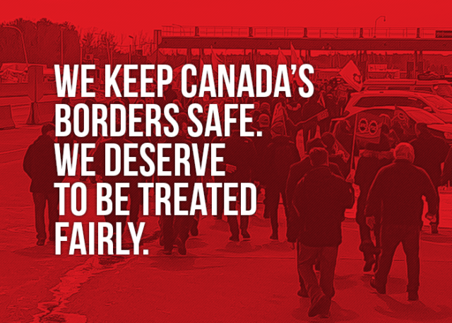 Picture of a demo in Lacolle with the words "We keep Canada's borders safe. We deserve to be treated fairly"