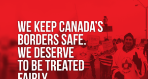 FB Members Rally in Prescott Picture of a demo in Prescott with the words "We keep Canada's borders safe. We deserve to be treated fairly"