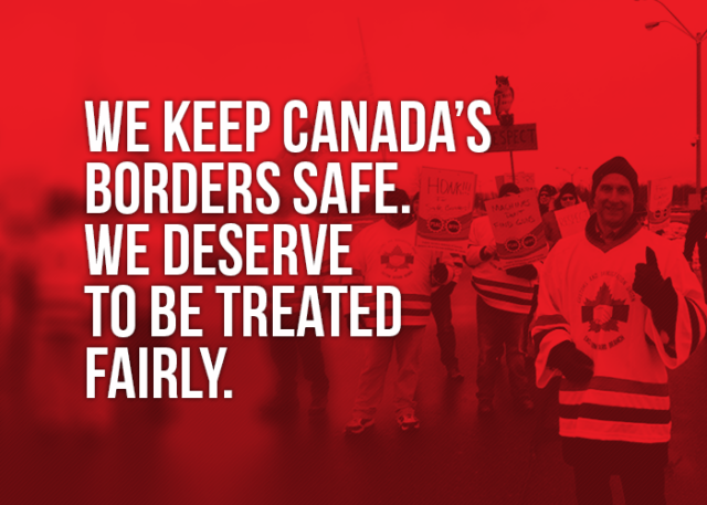 Picture of a demo in Prescott with the words "We keep Canada's borders safe. We deserve to be treated fairly"