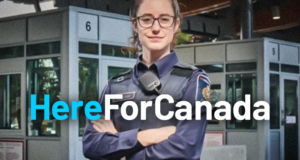 Phénix : L’AFPC lance sa campagne nationale télévisée « Toujours là pour vous » Photo of Border Services Officer with the words Here for Canada