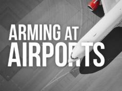 Déploiement des agentes et des agents armés de l’ASFC aux aéroports canadiens : Lettre aux ministres Goodale et Blair Airplane on tarmac seen from above with the words "Arming at airports"