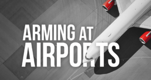 Deployment of armed CBSA officers at Canadian airports: Letter to Ministers Goodale and Blair Airplane on tarmac seen from above with the words "Arming at airports"