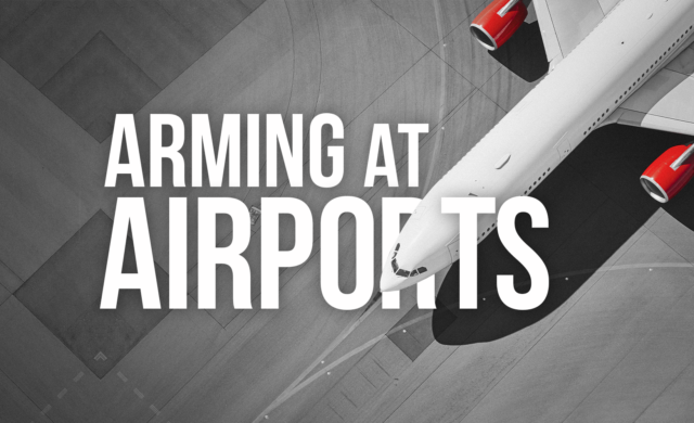 Airplane on tarmac seen from above with the words "Arming at airports"