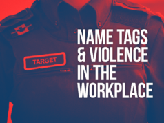 Les insignes nominatifs et la violence au travail Photo of BSO with words "Name tags and violence in the workplace" along with a name tag with the word "target" on it