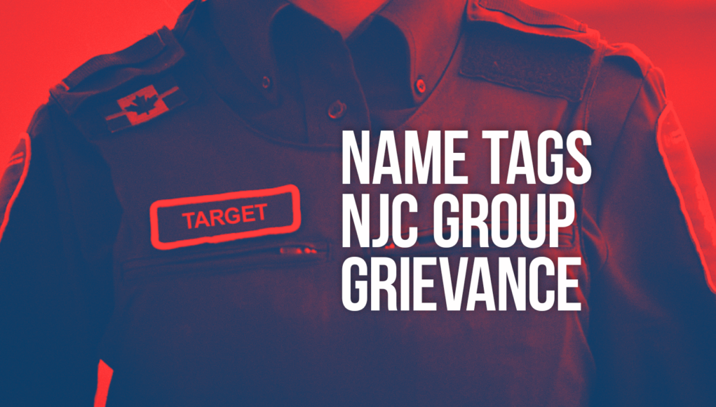 Photo of BSO with words "Name tags NJC group grievance" along with a name tag with the word "target" on it