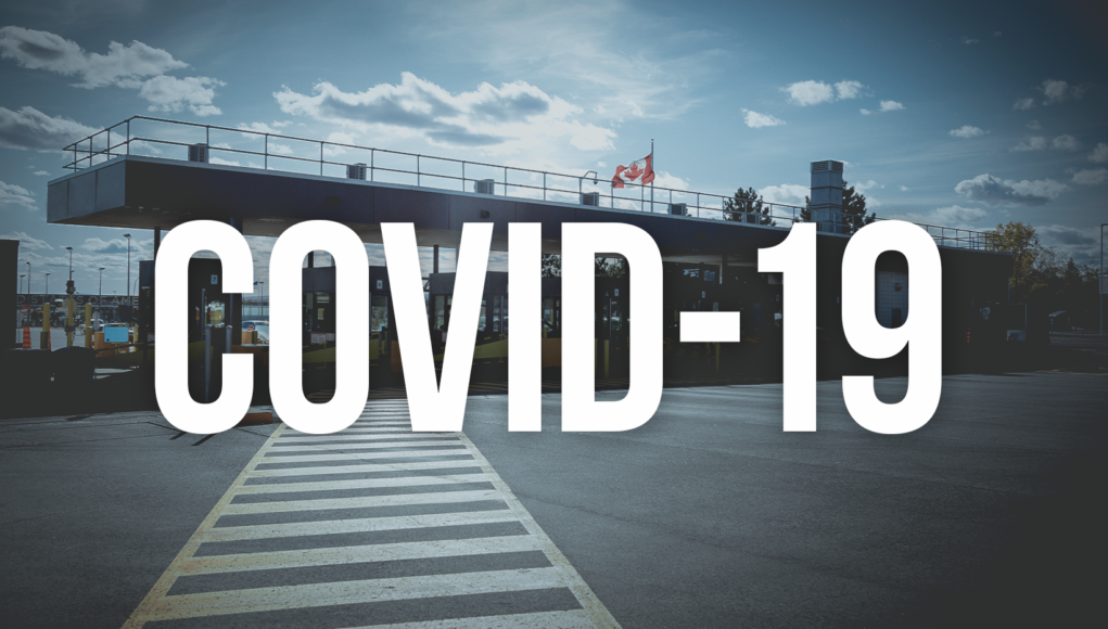 Image of border crossing with the words "COVID-19"