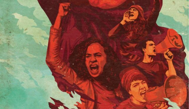 May Day illustration, 4 people with a flag and loud speakers