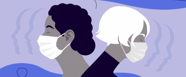 Drawing of two women wearing masks