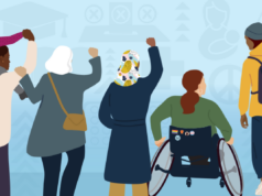 Journée internationale des femmes : la lutte pour un avenir équitable International Women's Day illustration, with a number of women showing solidarity