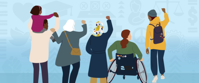 International Women's Day illustration, with a number of women showing solidarity